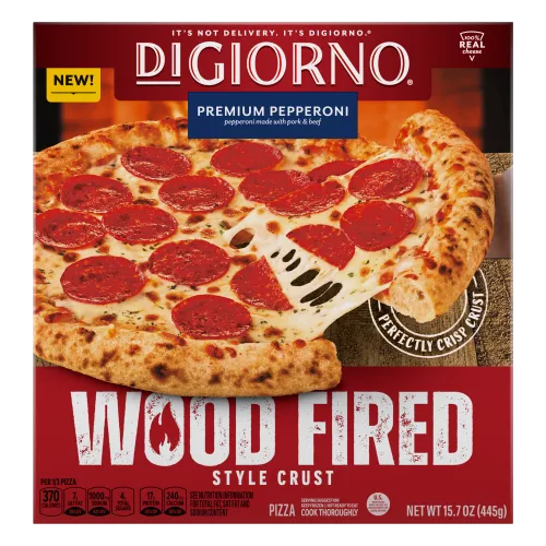 Front Center view of DIGIORNO Frozen Wood Fired Pizza Premium Pepperoni 15.7oz Box NET WT 15.7 oz (445g) product.