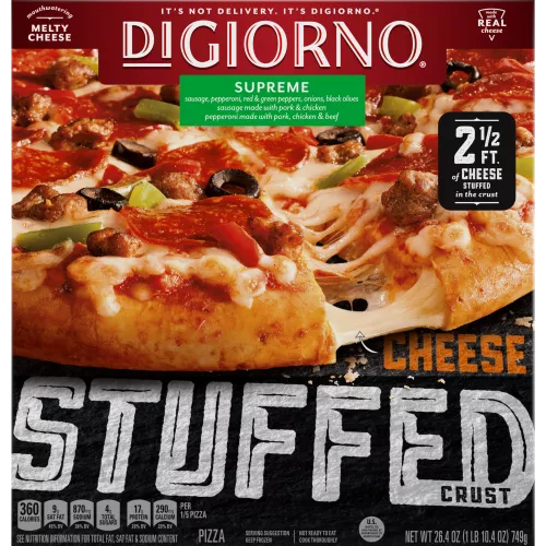 Box of DiGiorno Stuffed Crust Supreme Pizza with cheese stretching from pizza crust and Stuffed Crust labels.