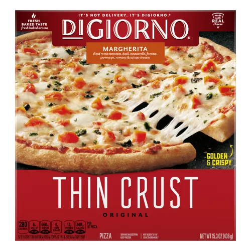 Box of DiGiorno Original Thin Crust Margherita with a pizza and made with real cheese and golden & crispy badges.
