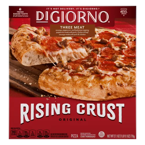 Box of DiGiorno Rising Crust Three Meat pizza with a metal serving spatula and real cheese badge.