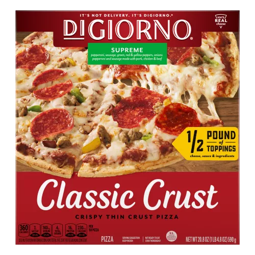 Box of DiGiorno Classic Crust Supreme Pizza with a half pound of toppings, sauce, cheese and ingredients badge.