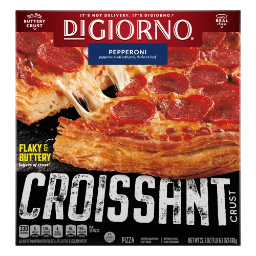 Box of DiGiorno Croissant Crust Pepperoni Pizza with BUTTERY layers of crust label and the Croissant Crust logo.