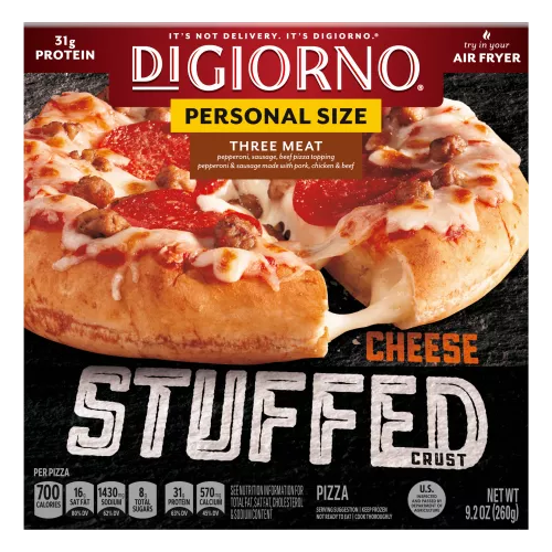 Box of DiGiorno Small Sized Stuffed Crust Three Meat Pizza cheese stretching from pizza crust and the Stuffed Crust logo.