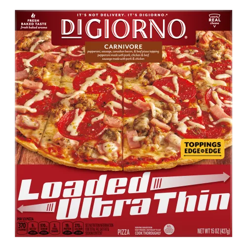 Box of DiGiorno Loaded Ultra Thin Carnivore Pizza on a cutting board & Loaded Ultra Thin logo.
