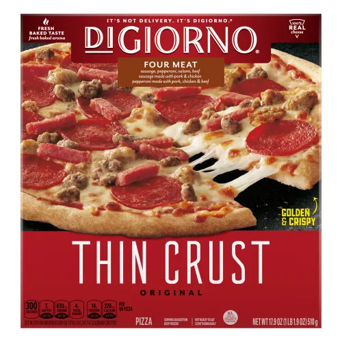 Box of DiGiorno Original Thin Crust Four Meat Pizza with a pizza and made with real cheese and golden & crispy badges.