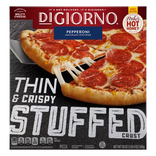 Box of Pepperoni & Hot Honey Thin & Crispy Stuffed Crust pizza with real cheese and The Original Mike’s Hot Honey badges. Pepperoni made with pork, chicken and beef.