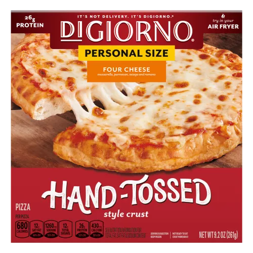 Box of Small Sized Hand-Tossed Style Crust Four Cheese Pizza with the Traditional Crust logo near a whole pizza.
