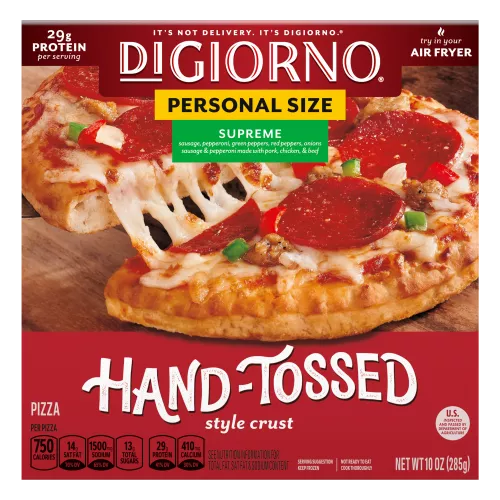 Box of Small Sized Hand-Tossed Style Crust Supreme Pizza with the Traditional Crust logo near a whole pizza.