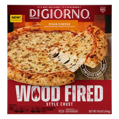 Front Center view of DIGIORNO Frozen Wood Fired Pizza Four Cheese 14.6oz Box NET WT 14.6 oz (414g) product.