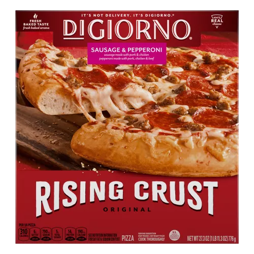 Box of DiGiorno Rising Crust Sausage & Pepperoni pizza with a slice on a cutting board and the Rising Crust logo.