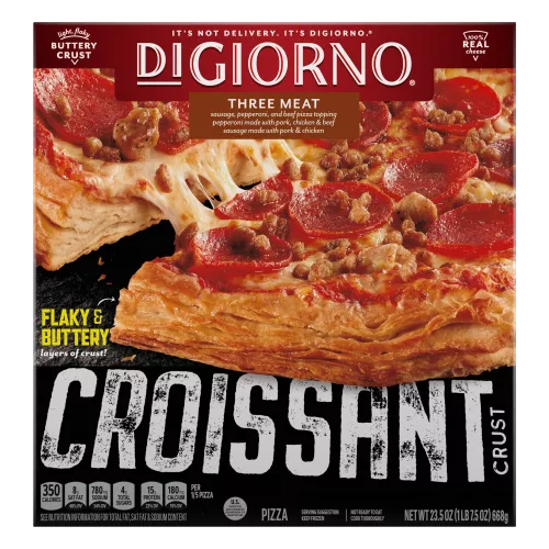 Box of DiGiorno Croissant Crust Three Meat Pizza with BUTTERY layers of crust label and the Croissant Crust logo.