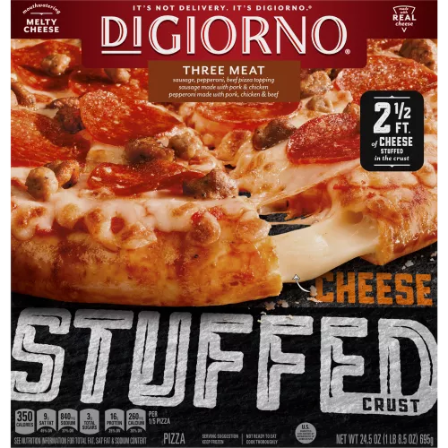 Box of DiGiorno Stuffed Crust Three Meat Pizza cheese stretching from pizza crust and Stuffed Crust labels.