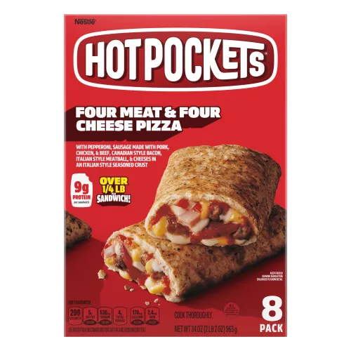 Box of Four Meat & Four Cheese Pizza Hot Pockets® with 8 pack, 9g protein and made with real cheese (over a 1/4 lb per sandwich?) labels.
