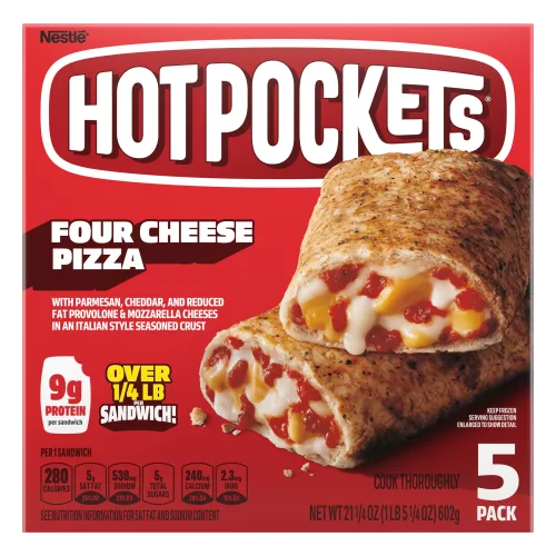 Box of Four Cheese Pizza Hot Pockets® with the product name, image, and a yellow “5 Pack” label in the corner.