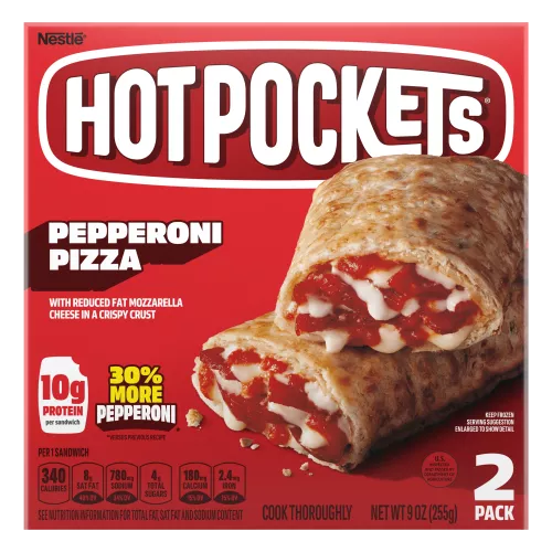 Box of Pepperoni Pizza Hot Pockets® with the product name, image, and a “2 Pack” label in the bottom right corner.