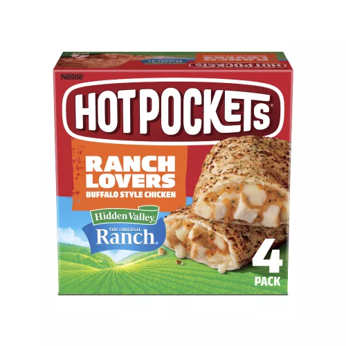 Front Center view of NESTLE HOT POCKETS Buffalo Chicken Ranch 17oz NET WT 17 oz (1 lb 1 oz) 481 g product.