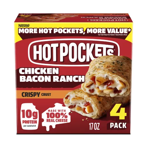 Front Center view of NESTLE HOT POCKETS Chicken Bacon Ranch 17oz NET WT 17 oz (1 lb 1 oz) 481 g product.