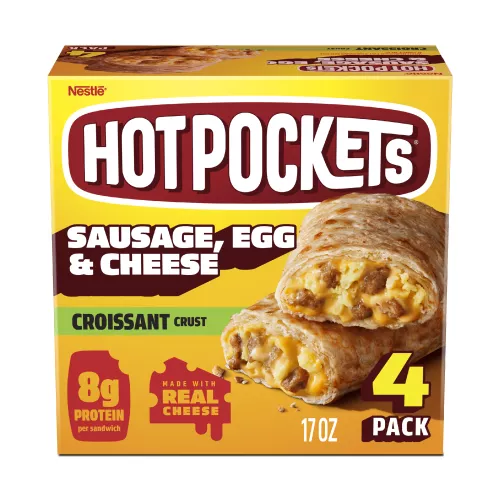 Front Center view of NESTLE HOT POCKETS Frozen Snack Croissant Crust Sausage Egg Cheese 17oz Box NET WT 17 oz (1 lb 1 oz) 481 g product.