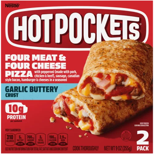 Four Meat & Four Cheese Hot Pockets® with the product name, image and a “2 Pack” label in the corner.