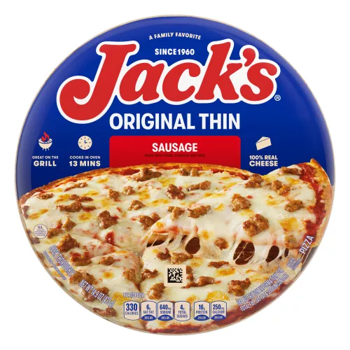 A package of sausage pizza with a red label, a spatula lifting a pizza slice, and the Jack's logo on a blue background.