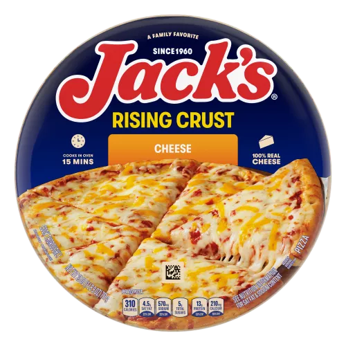 A package of rising crust cheese pizza with an orange label, a spatula and pizza, and the Jack's logo on a blue background.