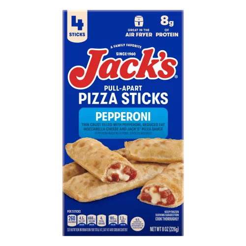 Package of Jack's Pepperoni Pull-Apart Pizza Sticks with 4 pizza sticks and great in air fryer & 8 grams of protein badges