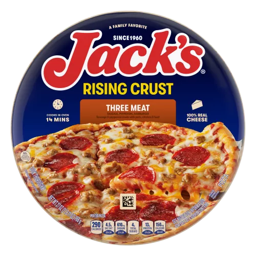 A package of three meat pizza with a dark orange label, a spatula under a pizza, and the Jack's logo on a blue background.