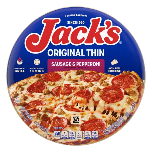Package of sausage & pepperoni pizza with a purple label, a spatula under a pizza, and the Jack's logo on a blue background.