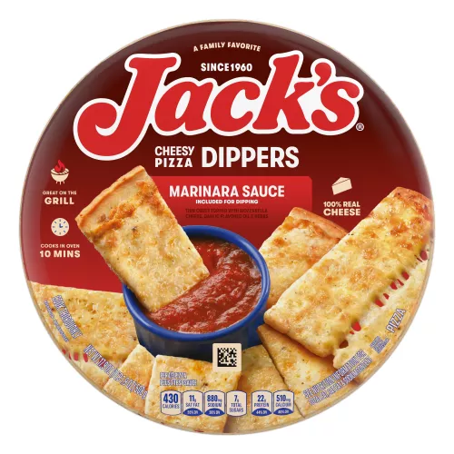 A package of cheesy pizza dippers with the Jack's and pizza dippers logo and a row of pizza dippers around a cup of marinara.