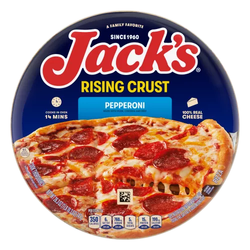 A package of pepperoni pizza with a blue label, a spatula lifting a pizza slice, and the Jack's logo on a blue background.