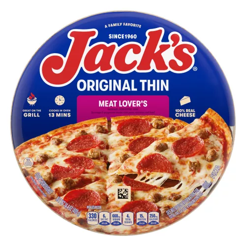 A package of meat lover's pizza with a purple label, a spatula under a pizza, and the Jack's logo on a tan background.