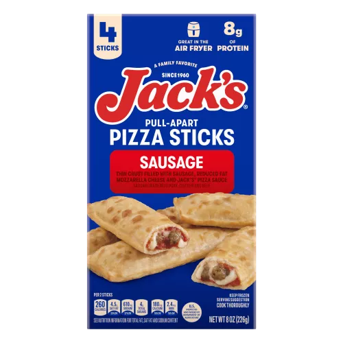Package of Jack's Sausage Pull-Apart Pizza Sticks with 4 pizza sticks and great in air fryer and 8 grams of protein badges. Sausage made with pork, chicken and beef.