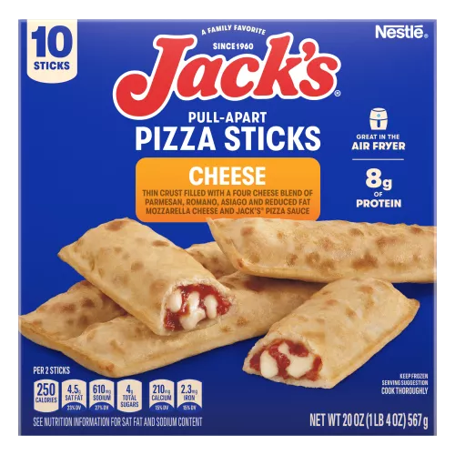 Package of Jack’s cheese pull-apart pizza sticks with pizza sticks and Great in the Air Flyer and 8g of protein badges.