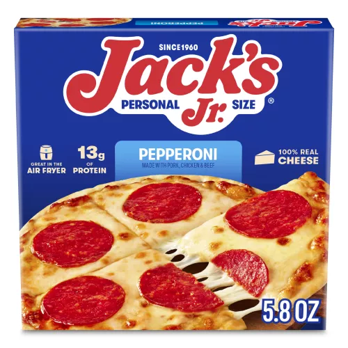 Front Center view of JACK'S Pepperoni Pizza Personal Jr. Size 5.8oz Box NET WT 5.8 oz (167g) product.