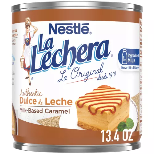 A can of Dulce de Leche featuring the La Lechera logo and a square slice of flan drizzled with caramel.