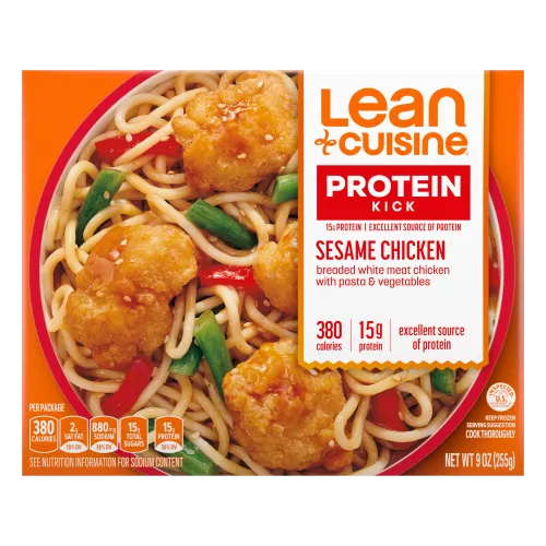 A box of Sesame Chicken with a Protein Kick label near a bowl of chicken, pasta, green beans and peppers.