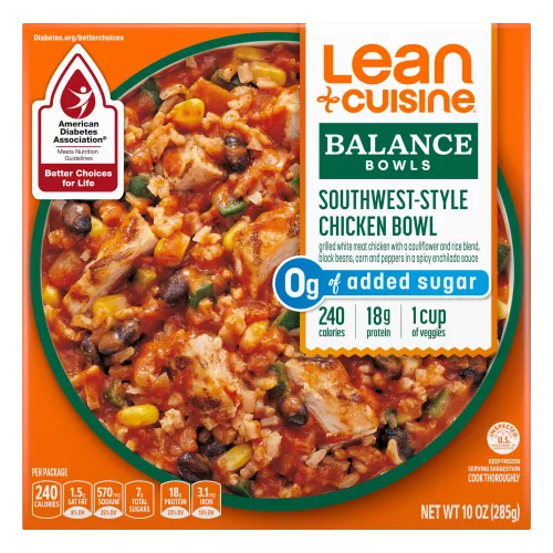 Caja de Tazón Balance de Pollo estilo southwest que dice Better Choices for Life de la Asociación Americana de Diabetes.