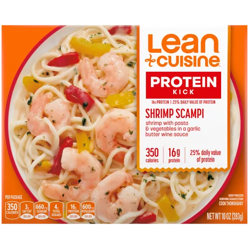 A box of Shrimp Scampi with a Protein Kick label near a bowl of shrimp and pasta in a red pepper and seafood sauce.