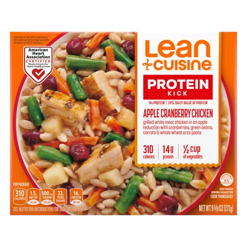 Una caja de Apple Cranberry Chicken con la imagen de un tazón con pollo, arándanos, manzanas, verduras y pasta orzo.