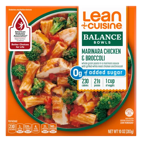 Caja de Tazón Balance Marinara Chicken & Broccoli que dice Better Choices for Life de la Asociación Americana de Diabetes.