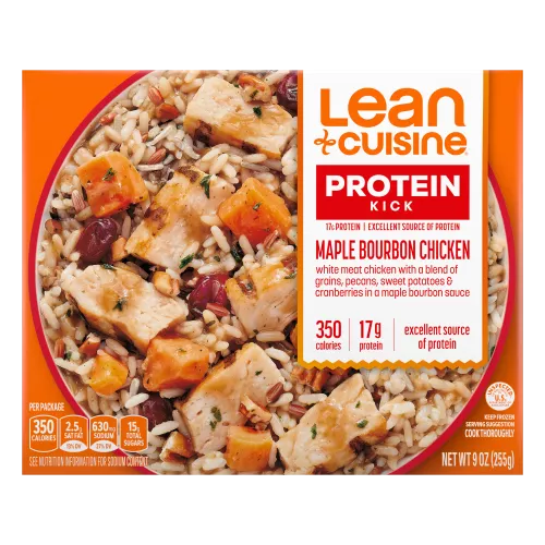 A box of Maple Bourbon Chicken with a Protein Kick label near a bowl of chicken in maple bourbon sauce with cranberry rice.
