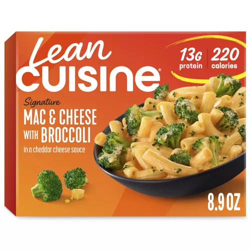 Front Center view of Lean Cuisine Macaroni and Cheese with Broccoli Bowl Frozen Entrée 8.9oz NET WT 8.9 OZ (253g) product.