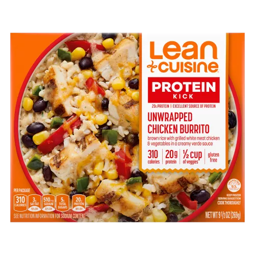 A box of Unwrapped Chicken Burrito with Protein Kick label with 310 calories, 20 grams of protein, half cup of veggies and gluten near a bowl of rice, chicken, beans and peppers and corn.