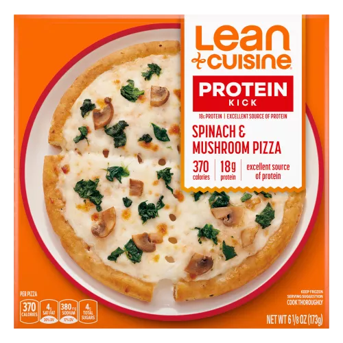 Una caja de pizza de espinacas y hongos con la etiqueta "Especialidad", cerca de pizza de base gruesa con espinacas y hongos.