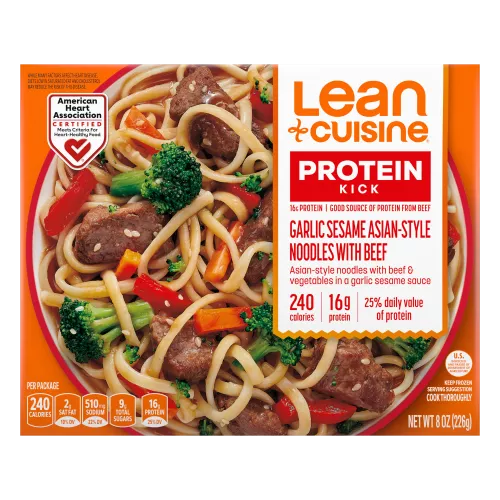 A box of Garlic Sesame Noodles with Beef with a Protein Kick label near a bowl of beef, garlic Asian-style noodles, and sesame seeds.