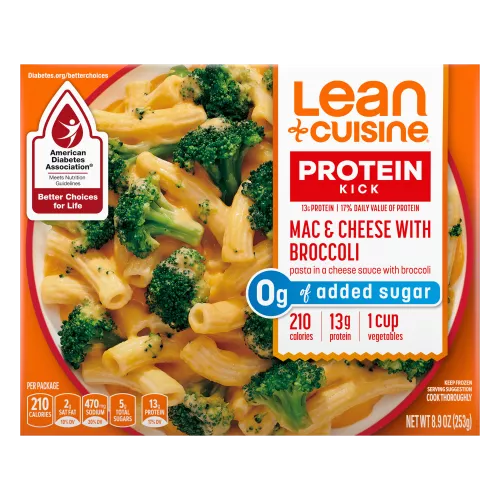 Front Center view of Lean Cuisine Macaroni and Cheese with Broccoli Frozen Entrée 8.9oz Box NET WT 8.9 OZ (253g) product.