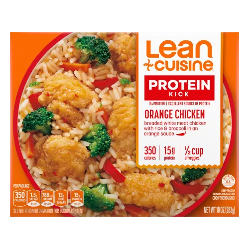 A box of Orange Chicken with Protein Kick label with 310 calories, 14 grams of protein and half cup of veggies near a bowl of chicken, rice, broccoli and bell peppers.