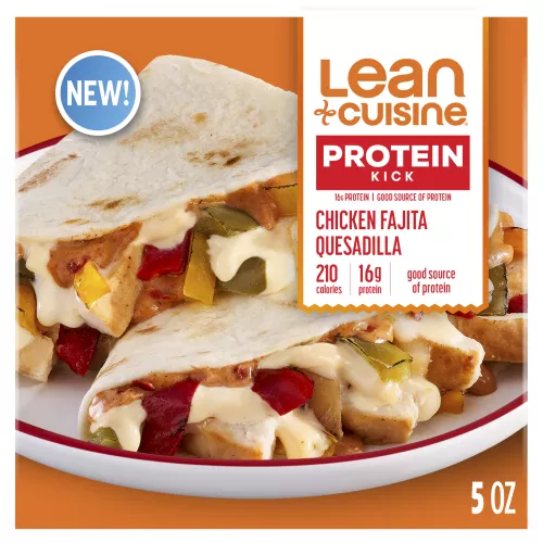 Orange box showing right-aligned product labels and chicken fajita quesadilla slices stacked on top of each other