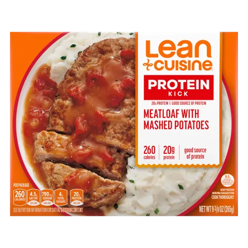 Box of Meatloaf with Mashed Potatoes with a Protein Kick label and 20g of protein badge.