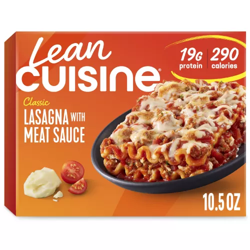 A box of Lasagna with Meat Sauce with a Comfort Cravings label near a bowl of lasagna with seasoned meat, tomato and mozzarella.
